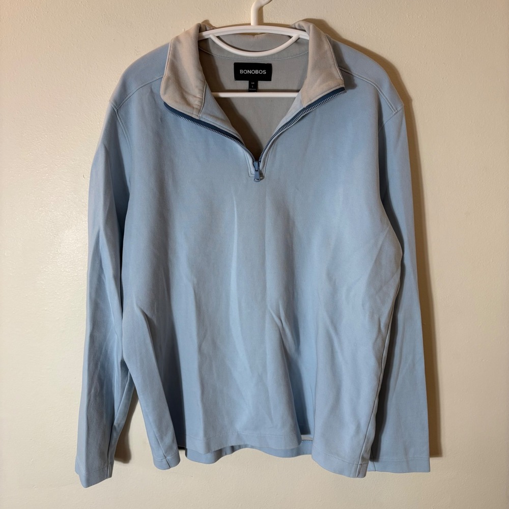 BONOBOS Mens Light Blue Slim Fit Quarter Zip Long Sleeve Polo Shirt Size‎ Large